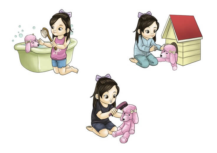 The character sheet works out Avy's proportions and expression range, keeping her determination and devotion consistent as her stuffed poodle collection keeps growing around her.