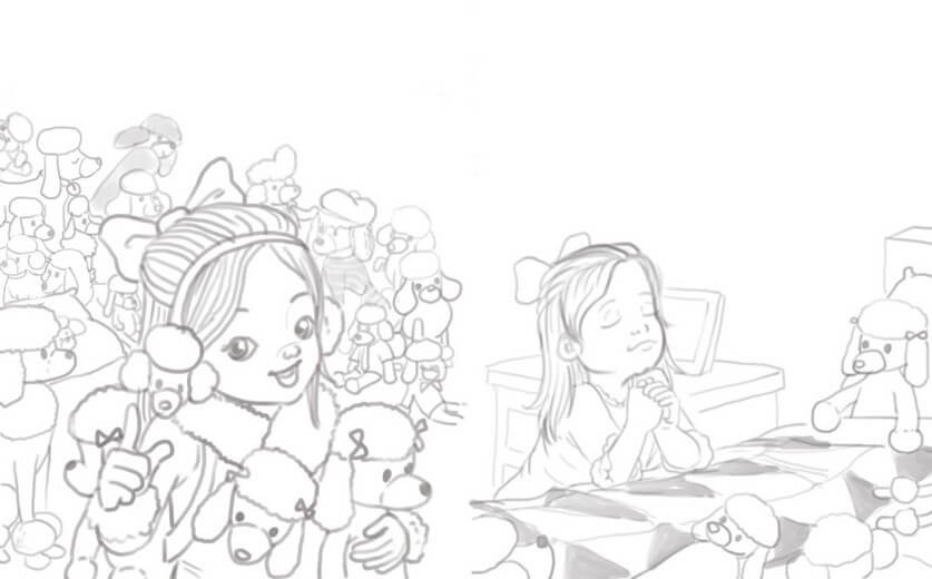 Rough sketch for the spread of Avy with her poodle doll collection, wishing for a real puppy, submitted to the author for approval before line work begins.