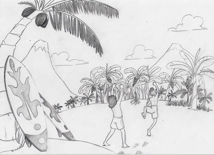 Rough sketch for the spread of the surfers discovering the banana grove, establishing the composition, submitted to the author for approval before line work begins.