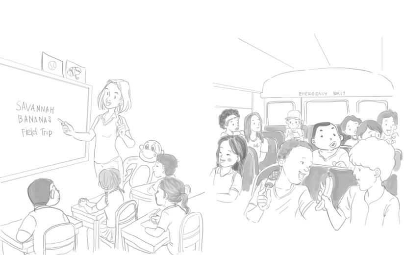 Rough sketch for the classroom announcement spread, establishing the teacher and the students' reactions to the field trip news, submitted to the author for approval before line work begins.