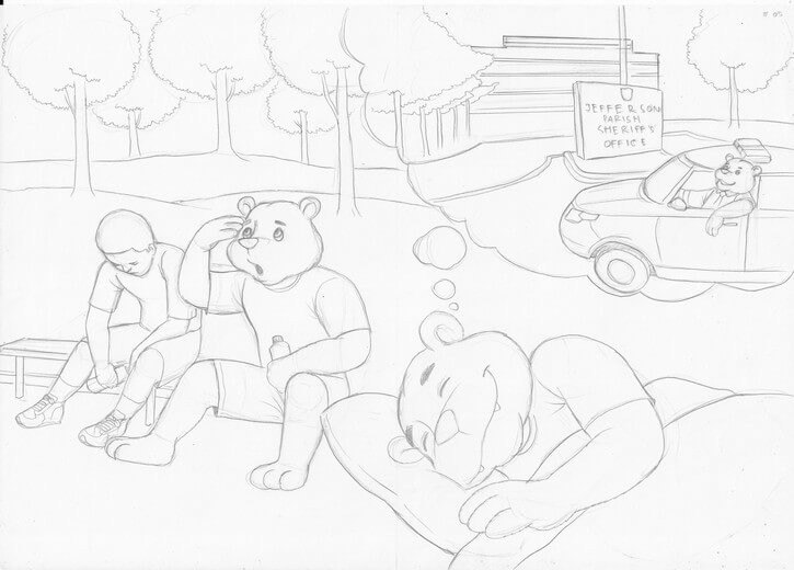 Rough sketch for Barrington's training dream sequence, initially designed with human characters, submitted to the author for approval before line work begins.