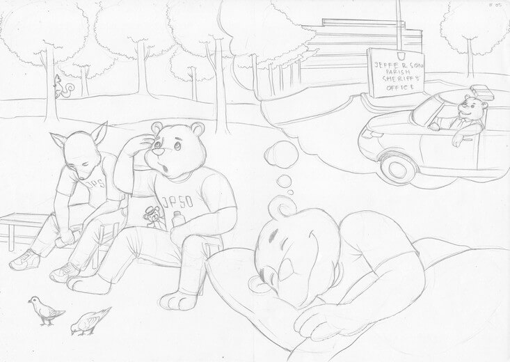 Revised rough sketch with all characters updated to anthropomorphic animals per the author's direction, submitted for approval before line work begins.