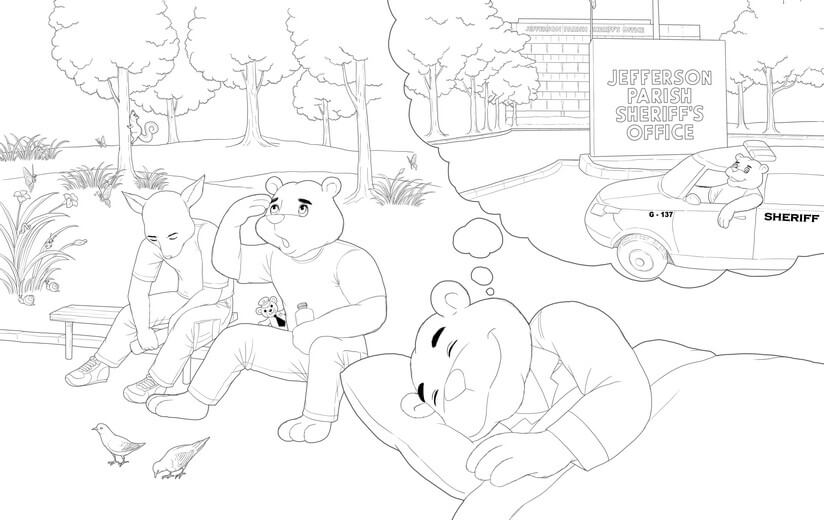 Clean line art with added background detail incorporating the author's feedback, submitted for a second approval before color begins.
