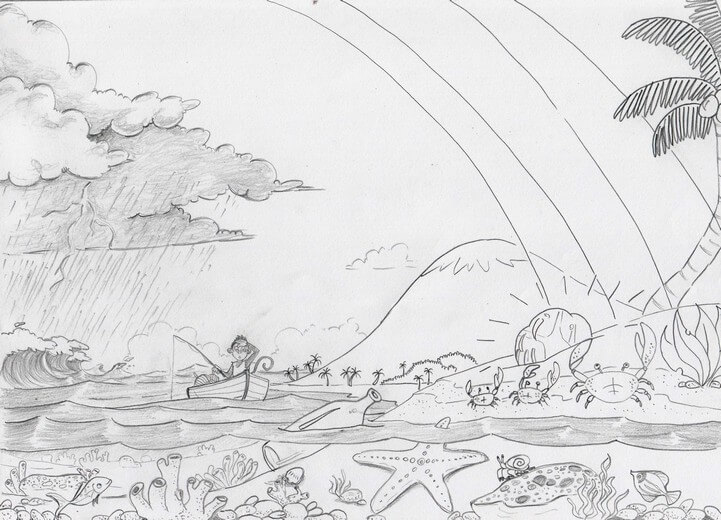 Rough sketch for the spread of Monkey finding the gem at the end of a rainbow while fishing, submitted to the author for approval before line work begins.