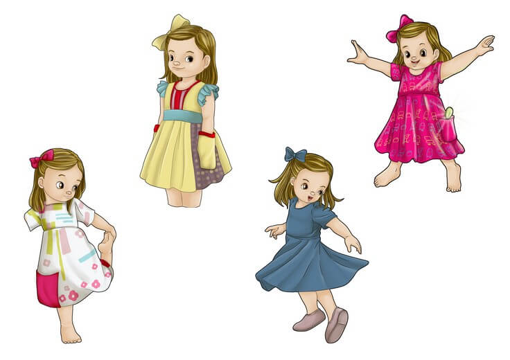 The character sheet works out Bella's proportions and expression range, keeping her sense of wonder consistent as an ordinary day turns genuinely magical around her.