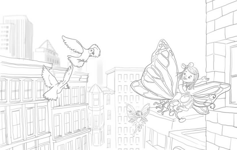 Initial rough sketch for the spread of Bella riding a butterfly over her hometown, submitted to the author for approval before line work begins.