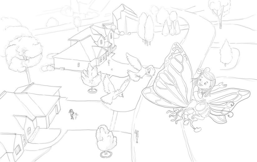 Revised rough sketch with an updated viewpoint per the author's feedback, submitted for approval before line work begins.