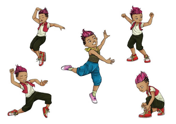 The character sheet works out Bitsy Bop's proportions and expression range, keeping her energy and confidence consistent whether she's mid-routine or facing a result she didn't expect.