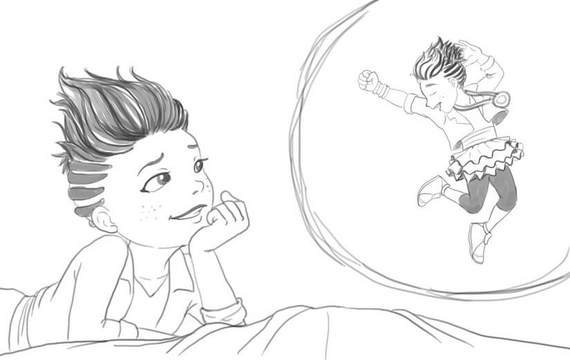 Rough sketch for the spread where Bitsy dreams of becoming a famous hip-hop dancer, establishing the composition, submitted to the author for approval before line work begins.