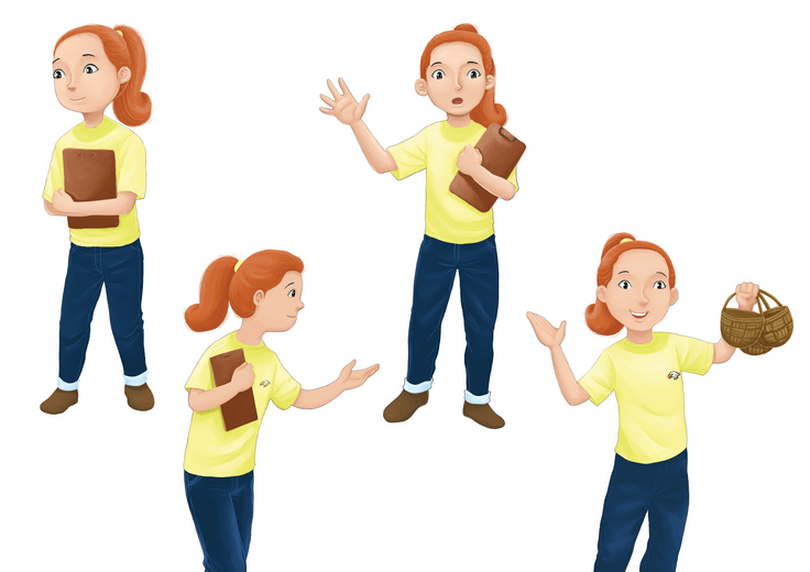 The character sheet works out Mrs. Johnson's proportions and expression range, establishing her as a warm, steady presence who can hold her own against a classroom's worth of chaos.