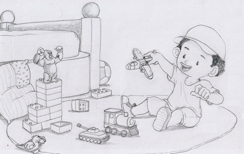 Rough sketch for the spread of the boy playing alone with his toys in his bedroom, establishing the composition, submitted to the author for approval before line work begins.