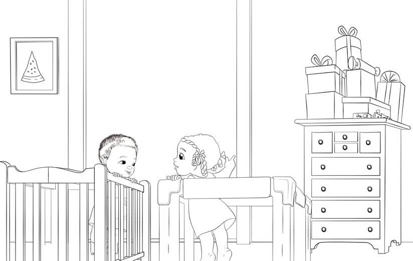 Clean line art for the spread of Cat and Jude in their cribs, looking at the gift boxes stacked on the cupboard, submitted for a second approval before color begins.