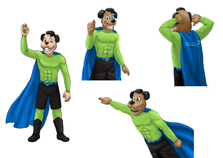 The character sheet works out Champ's proportions and expression range, keeping his heroic energy grounded and approachable rather than larger-than-life.
