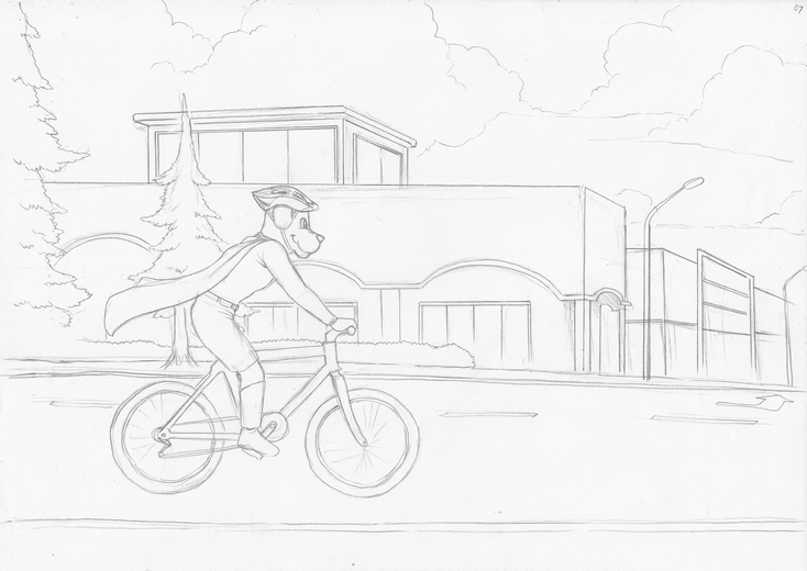 Rough sketch for the spread where Champ bikes to the children's hospital, establishing the composition, submitted to the author for approval before line work begins."
