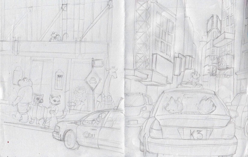 Rough sketch for the spread of Chester and Mittens taking a yellow cab to sightsee New York City, establishing the composition, submitted to the author for approval before line work begins.