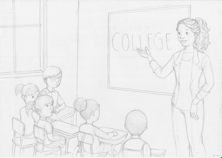 Rough sketch for the spread of Miss Sims introducing the concept of college to her students, establishing the composition, submitted to the author for approval before line work begins.