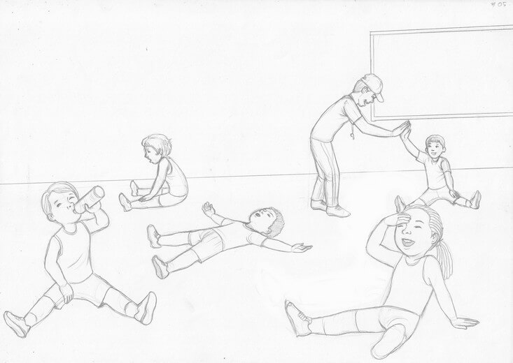 Rough sketch for the post-workout break spread, establishing the group of children at rest, submitted to the author for approval before line work begins.