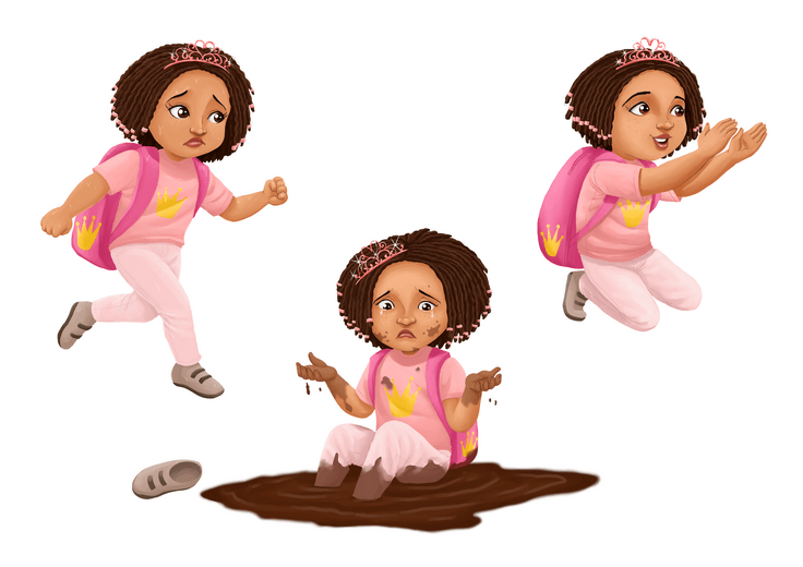 The character sheet works out her proportions and range of expressions, so the same girl reads as visibly herself whether she's confident, crushed, or quietly rebuilding across the story.
