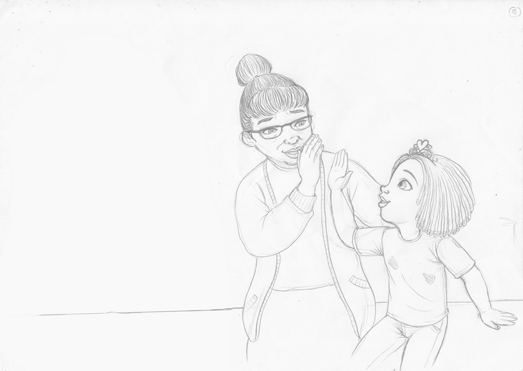 Rough sketch for this spread, establishing composition and character placement, submitted to the author for approval before line work begins.