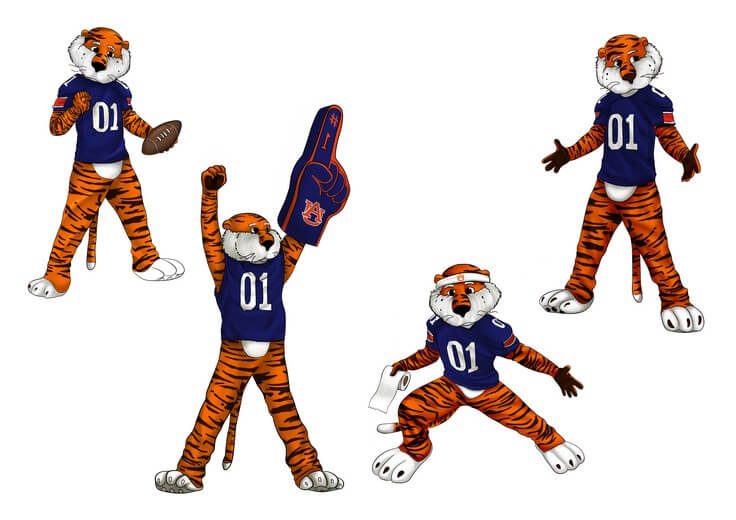 The character sheet works out Aubie's proportions and expression range, giving Auburn's mascot the same spirited, larger-than-life energy on paper as he has on the sideline.