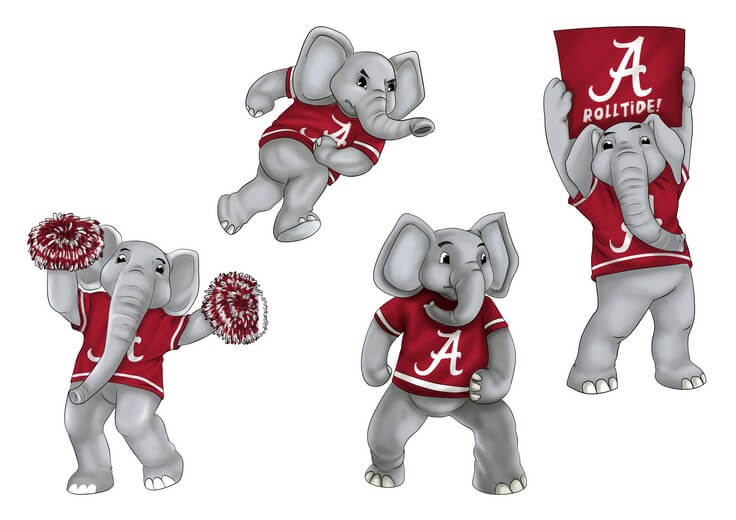 The character sheet works out Big Al's proportions and expression range, matching Aubie's energy beat for beat so neither mascot ever outshines the other.
