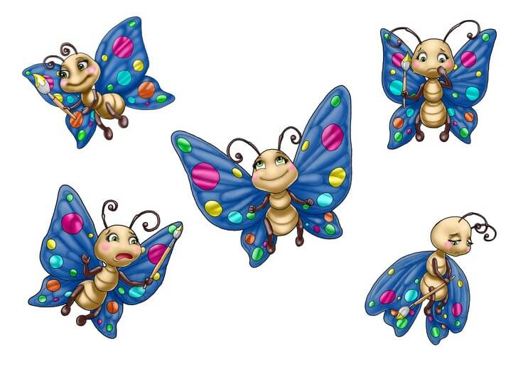 The character sheet works out Dot's proportions and expression range, keeping her rainbow colouring visually distinct and consistent as her sense of self shifts across the story.