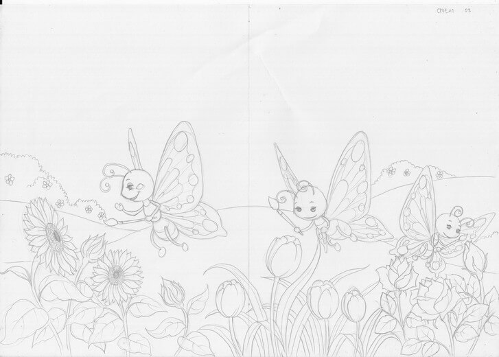 Rough sketch for the spread of butterflies painting flowers to match their wing colours, establishing the composition, submitted to the author for approval before line work begins.