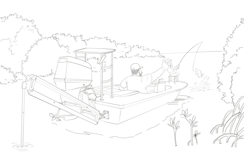 Rough sketch for the catch spread, establishing the daughter's pull on the line and Dad's thumbs-up behind her, submitted to the author for approval before line work begins.