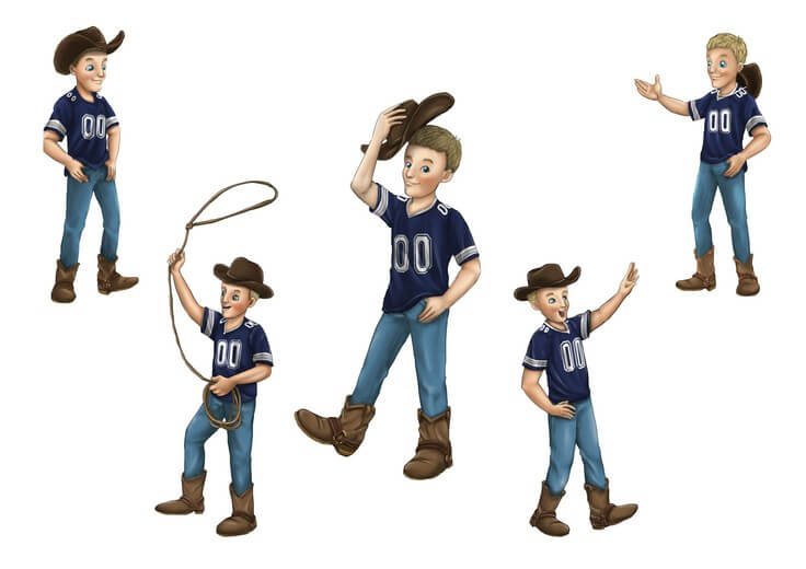 The character sheet works out JR's proportions and expression range, keeping him a steady, consistent presence alongside Freddie across the Dallas landmarks.