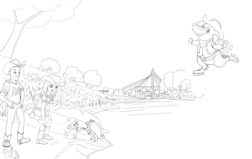 Rough sketch for the spread at Trinity River with the Margaret Hunt Hill Bridge in the background, establishing the group's composition, submitted to the author for approval before line work begins.