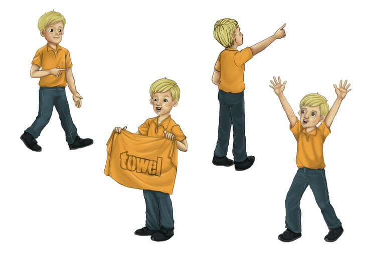 The character sheet works out Hugh's proportions and expression range, keeping him a steady, consistent presence alongside Freddie across Pittsburgh's landmarks.