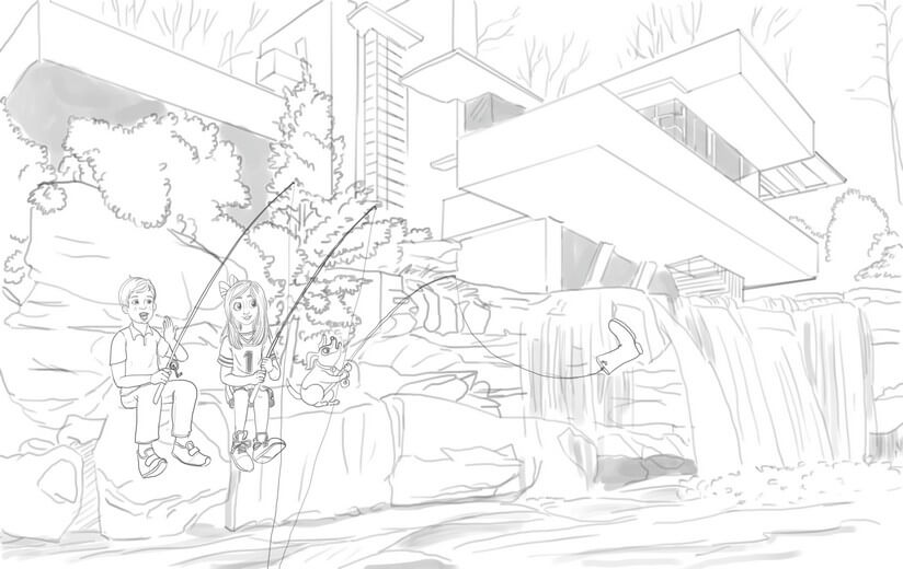 Rough sketch for the spread of Freddie and friends fishing near Fallingwater, establishing the composition, submitted to the author for approval before line work begins.