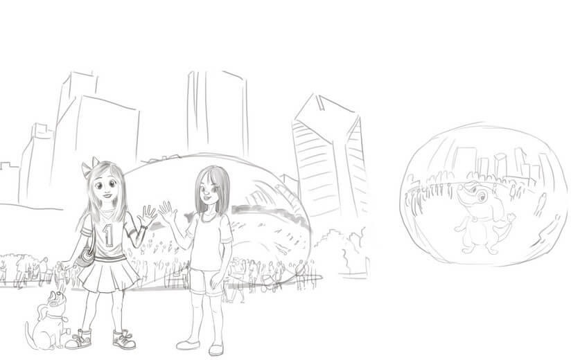Rough sketch for the spread at Cloud Gate, establishing the group's composition, submitted to the author for approval before line work begins.