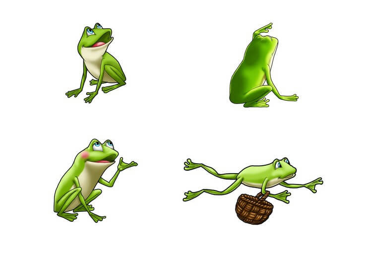 The character sheet works out Froggie's proportions and expression range, keeping his shy caution and eventual openness consistent as he crosses into unfamiliar territory.