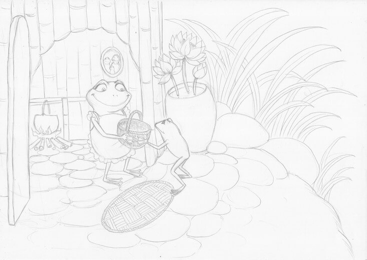 Rough sketch for the spread of Froggie's mother handing him a basket to collect berries from across the lake, submitted to the author for approval before line work begins.