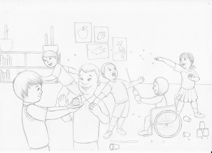 Rough sketch for the spread of Geoff interacting and playing with his new schoolmates, establishing the composition, submitted to the author for approval before line work begins.