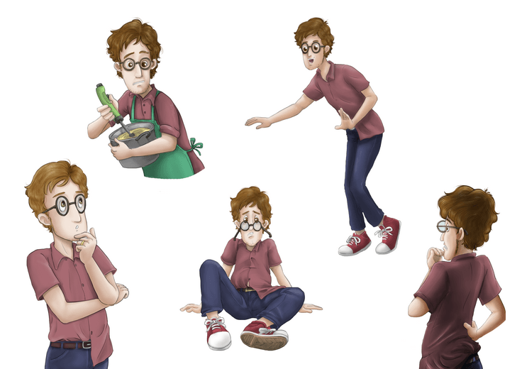 The character sheet works out Dad's proportions and expression range, from frazzled and overwhelmed to settled and present, so the same father is recognizable at every point along that arc.