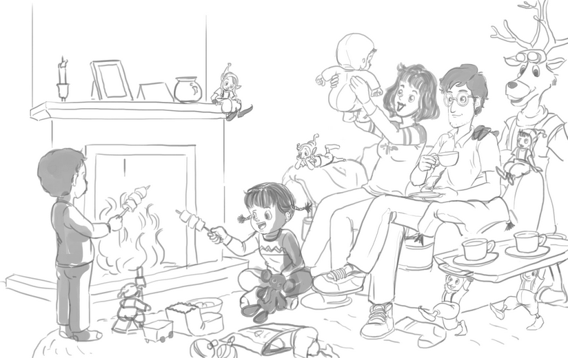 Rough sketch for the fireside spread, establishing the family's placement alongside the reindeer and elves filling the living room, submitted to the author for approval before line work begins.