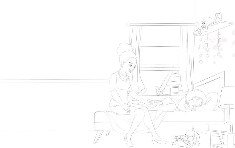 Clean line art for the spread of Gianna's mother waking her up for a school day, submitted for approval before color begins.
