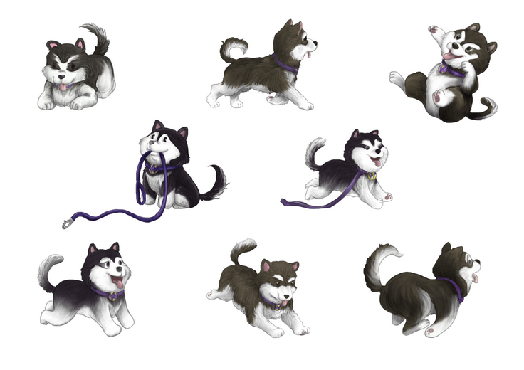 The character sheet works out each husky's proportions, expression range, and movement vocabulary — the visual difference between the two dogs that lets readers track which one is doing what across every chaotic spread.