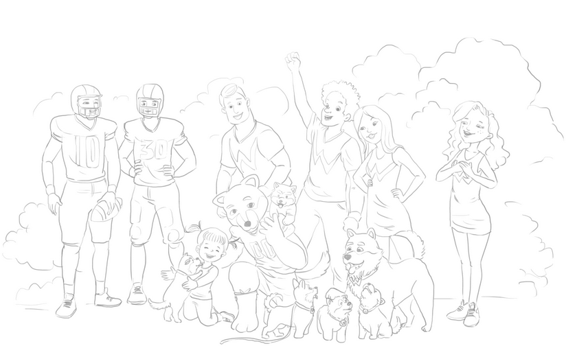 Rough sketch for the football pre-game spread, establishing crowd composition, campus architecture, and the dogs' position in the chaos, submitted to the author for approval before line work begins.