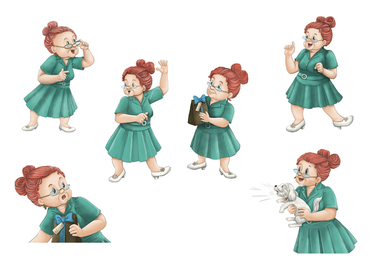 Granny Mae's character sheet works out her proportions and expression range — the warmth that makes her instantly likeable, and the range of reactions she'll need when things around her get charmingly out of hand.