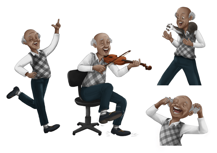Harry's character sheet establishes his look alongside early studies of his cast of companions, locking in the visual relationships between all five characters before a single spread is illustrated.