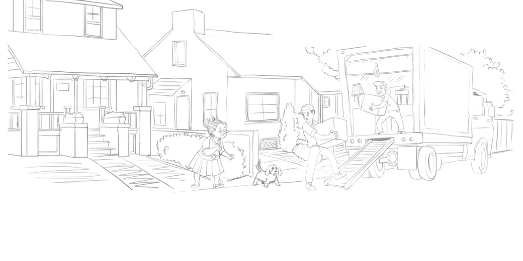 Rough sketch for the opening spread, establishing scene composition and character placement, submitted to the author for approval before line work begins.