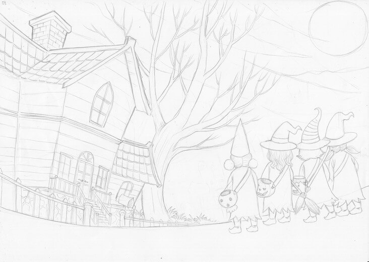 Rough sketch for the spread where the girls stand before the haunted-looking house, establishing the composition, submitted to the author for approval before line work begins.