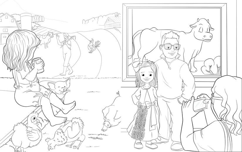 Clean line art for the spread of children posing with the winner of the cow contest, submitted for approval before color begins.