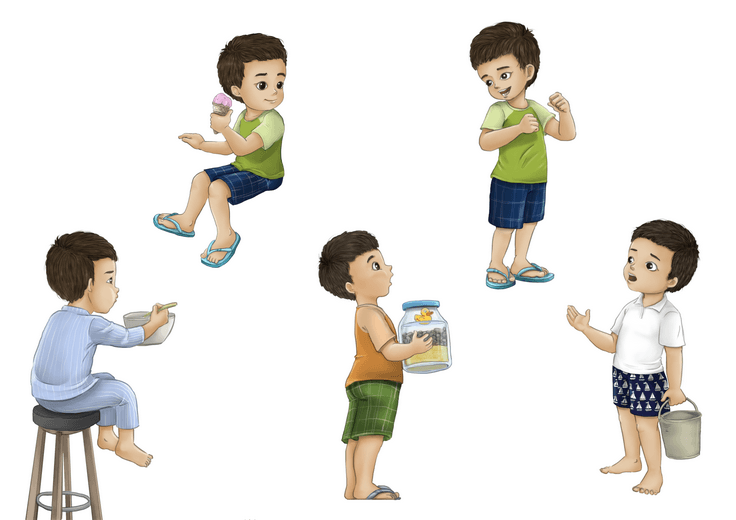 Brook's character sheet works out his proportions and expression range, keeping him recognizable across a story that asks a lot of him emotionally, from confusion to tenderness to quiet resolve.