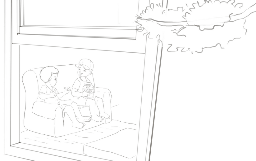 Rough sketch for the spread where Brook brings Joel a piece of the beach in a jar, establishing the composition and the weight of the gesture, submitted to the author for approval before line work begins.
