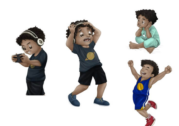 The character sheet works out Legend's proportions and expression range, from screen-locked and distracted to genuinely present, so the same boy reads as himself at both ends of that shift.