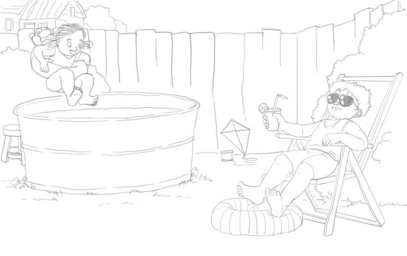 Rough sketch for the spread where Legend realizes there's more to life than his phone, establishing the composition, submitted to the author for approval before line work begins.